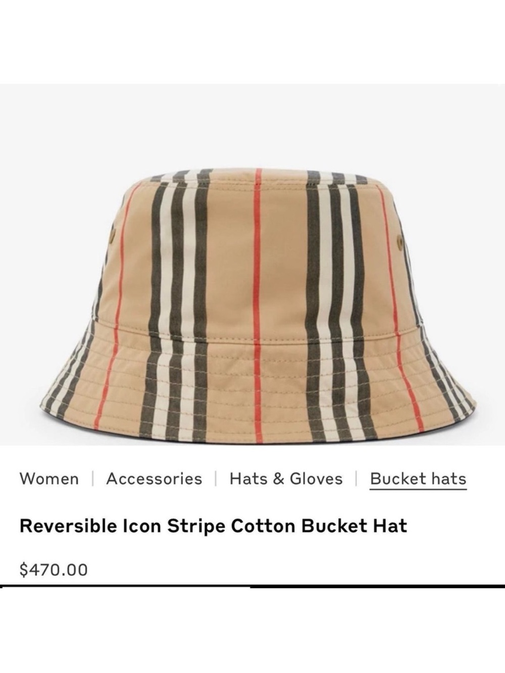 Burberry Women’s Reversible Icon Stripe Cotton Bucket Hat (size M)